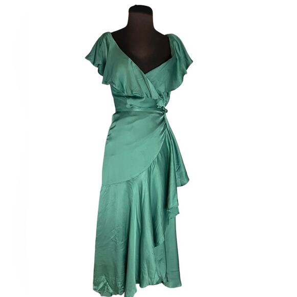 Anthropologie Green Satin Ruffle Wrap Coquette Feminine Midi Maxi Dress XXS NWT - Picture 5 of 12
